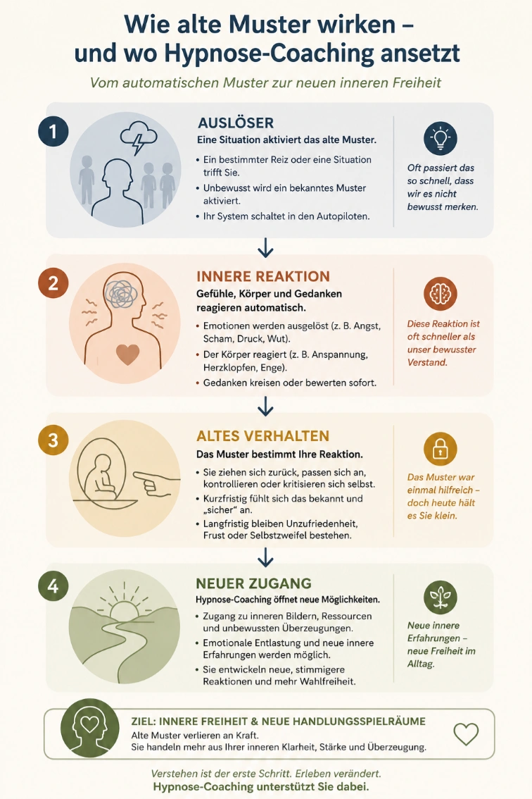 Infografik erklärt, wie alte Muster entstehen und wie Hypnose-Coaching neue Reaktionen unterstützen kann.