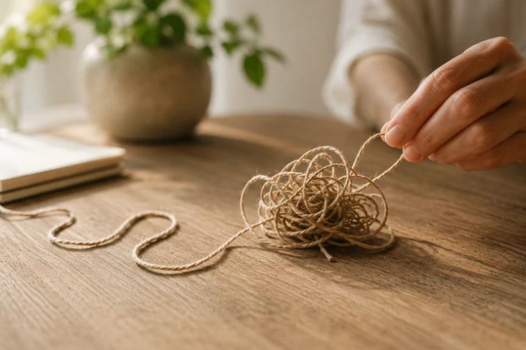 Hand löst vorsichtig einen Knoten als Symbol für alte Muster und innere Veränderung.