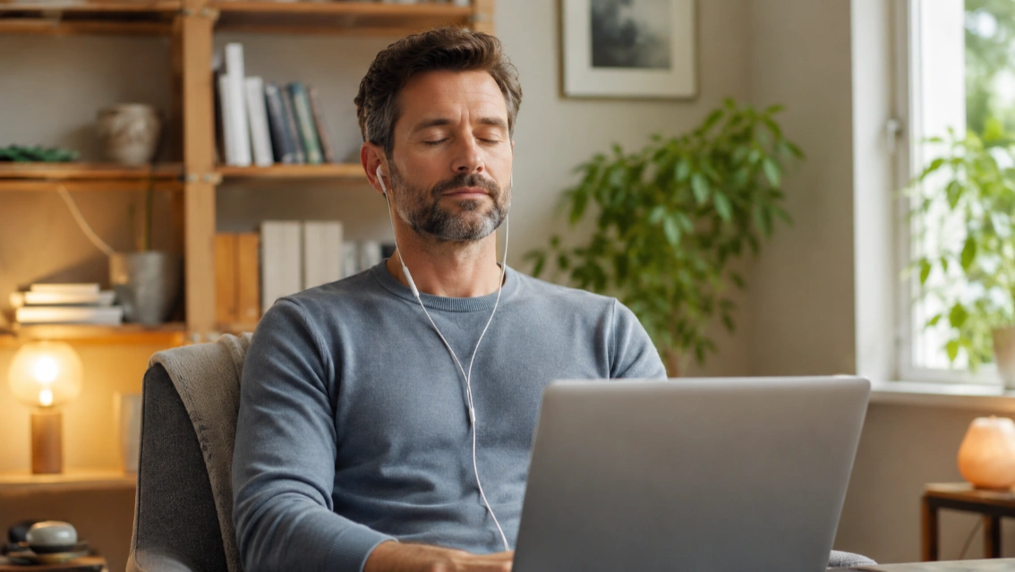 Person sitzt entspannt zu Hause vor einem Laptop und bereitet sich auf eine Online-Hypnose-Sitzung vor.