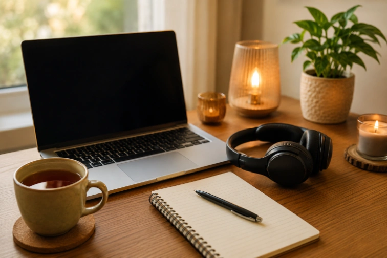 Ruhiger Online-Hypnose-Arbeitsplatz mit Laptop, Notizbuch und Kopfhörern.