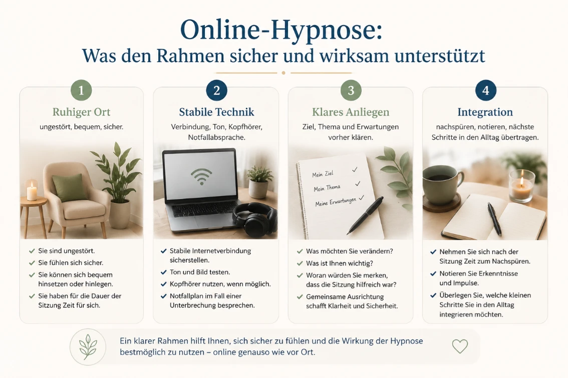 Infografik zeigt vier Voraussetzungen für eine gute Online-Hypnose-Sitzung: ruhiger Ort, stabile Technik, klares Anliegen und Integration.