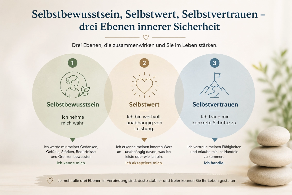 Infografik mit drei Kreisen zu Selbstbewusstsein, Selbstwert und Selbstvertrauen als Ebenen innerer Sicherheit